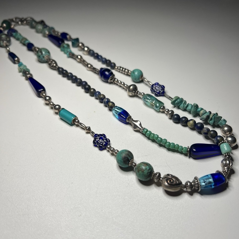 Multi-Stramd Boho Turquoise, Blue Beads Bead Silver Toned Necklace
